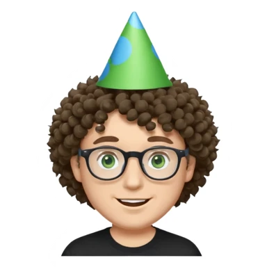 A white guy with curly brown hair and green eyes with a happy face, and wear square black glasses.He’s also got a full silver birthday party hat on his head with blue pom poms on top of it, and his T-shirt is all black, he wears a little gold circle earrings on his left  sticker