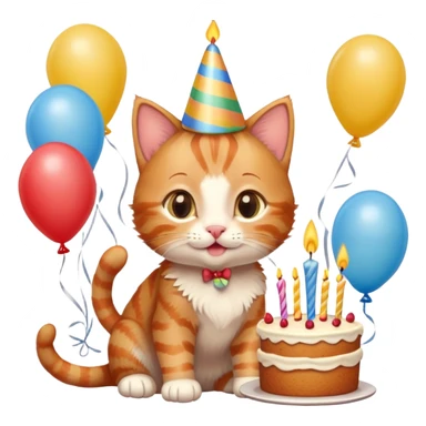 Ginger tabby kitten celebrates birthday, birthday hat, birthday cake, one candle, balloons, happy, gifts sticker