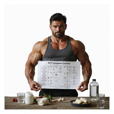 hyper realistic muscular bodybuilder in sportswear showing a well organized PCT chart, supplements and water on table, atmosphere of wellness and recovery, Italian caption: 'PCT completa: ritorno alla forma', isolated on white background sticker