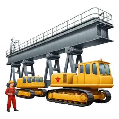 Soviet heavy equipment plant, assembly line, workers, steel beams, propaganda posters sticker