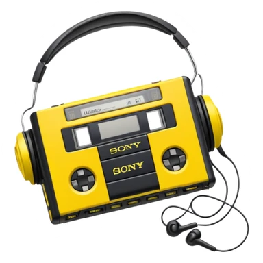 Sony Walkman cassette player from 1990s, yellow and black, with headphones sticker