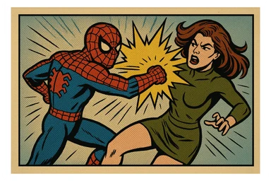 Spiderman fighting a female villain, impact effect, classic comic book style, dynamic action sticker