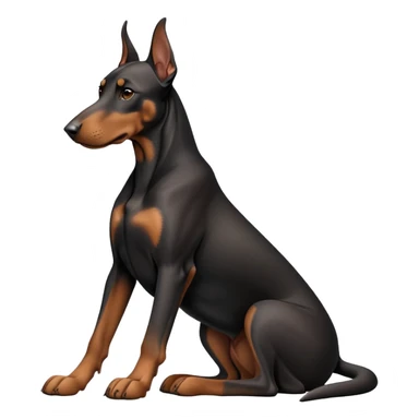 cinematic-[doberman]-realistic-full-body-sitting-emoji,-tail-resting-loosely-beside-its-paws,-head-tilted-dramatically, -sleek-[black and tan]-fur,-simplified-yet-realistic-focused-features,-highly-detailed,-glowing-with-an-almost-sarcastic-glow sticker