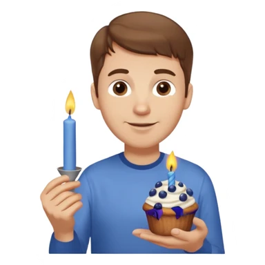 Make a white man with brown hair wearing a shirt that says happy b day Virginia holding a blueberry muffin with a birthday candle in it sticker