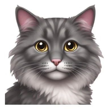 fluffy dark grey cat with white spots near the pink nose sticker
