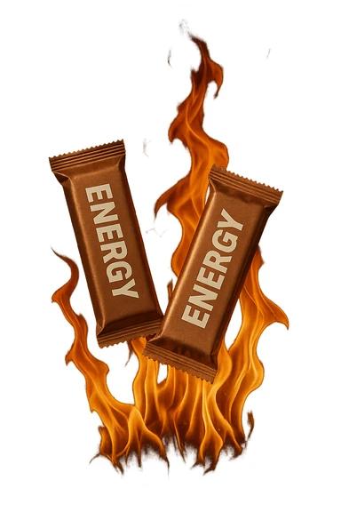 due barrette energetiche confezionate fluttuano in aria insieme ad una fiamma iperrealistici sticker