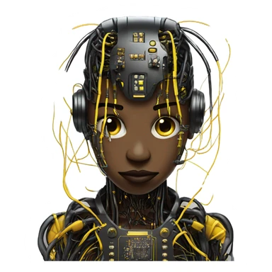 black and yellow cyborg with wires and circuitry  sticker