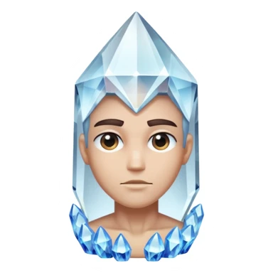 A single crystal character inspired by a clear quartz cluster, chunky base with many tall transparent crystal spikes growing upward all around it with a face sticker