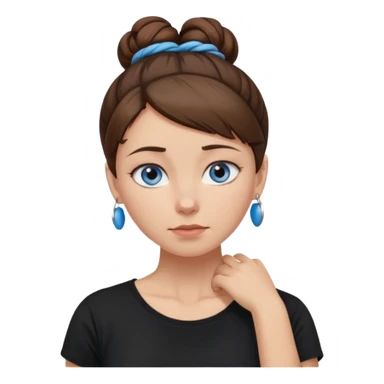 apple style emoji of a woman with blue eyes, brown hair in a bun, holding her neck with a pained expression, wearing a black T-shirt sticker