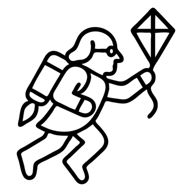 Ben Franklin flying with a jetpack, holding a small diamond kite in his left hand, minimalist black outline icon sticker