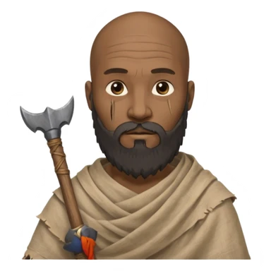 black ancient man, tattered cloth with raw stick weapon, beard and bold sticker