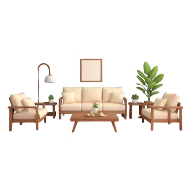 large open concept room with cream walls, wooden floor, cute decorative pillows, wooden furniture sticker