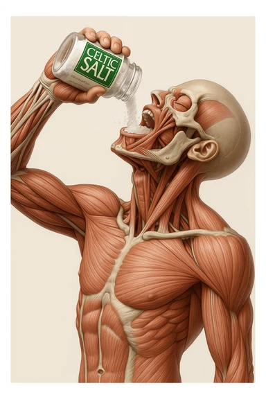 Create a vertical hyperrealistic 4K medical illustration exactly matching the style and composition of the reference image. The subject is an anatomically accurate human body holding a jar labeled 'CELTIC SALT', pouring salt into his mouth. The background should be neutral and clear. The image must be extremely detailed, vertical format, with the same pose and lighting as the reference. sticker