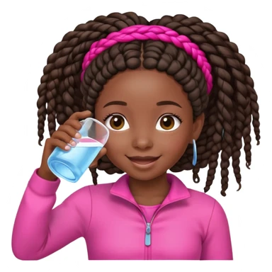 A young afro girl with African braids drinking Water. She has a happy face and is dreesed on pink sticker