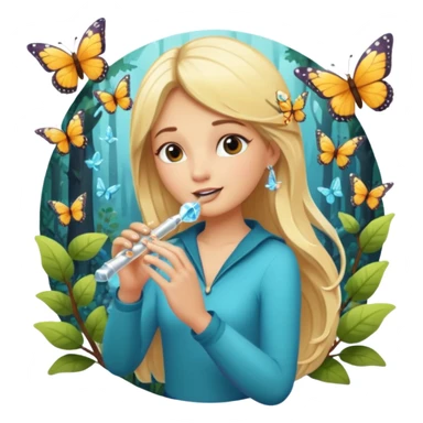 woodland sticker character, blonde woman playing crystal flute, butterflies around sticker