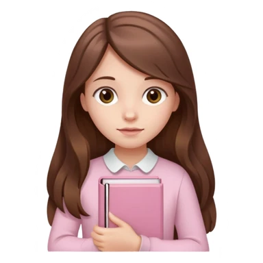 girl with fair skin and long brown hair holding a closed pale pink book sticker