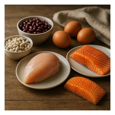 realistic style protein foods photography featuring chicken, salmon, eggs, beans, elegant presentation, natural lighting sticker