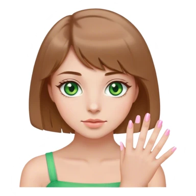 green eyes light brown hair white girl with short bob no bangs with a cosmo light pink nails sticker
