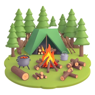 bushcraft campfire with cooking pot, wood logs, forest setting sticker