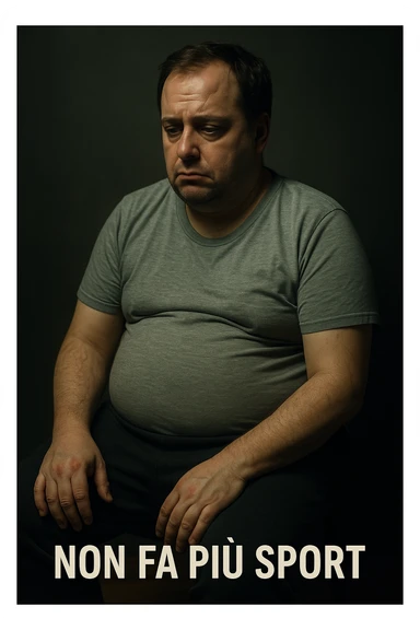 vertical realistic cinematic image of a man who no longer does sports, with a less toned body, sedentary posture, signs of inactivity, clinical dramatic lighting, Italian captions, aspect ratio 2:3 sticker