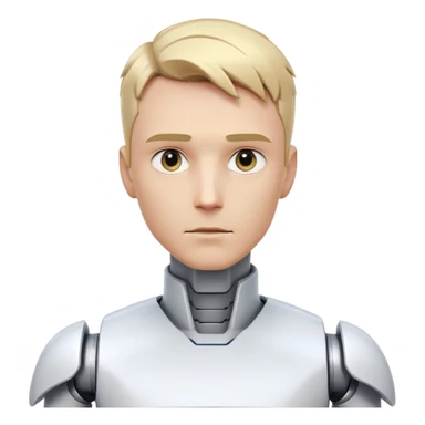 Male robot with short blond hair, sharp jawline, intense eyes, white tech clothing, neutral expression, futuristic assistant sticker