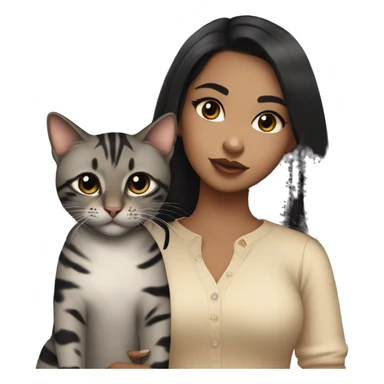 Girl with black eyes and black hair, shoulder length straight black hair, wears a beige blouse outfit, kissing a gray bengal cat  sticker
