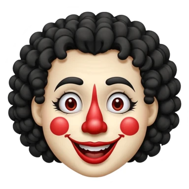 generate clown emoji with a big curly black hair 

wide black smile, long and pointy white nose sticker