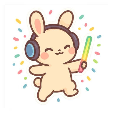 cute rave bunny wearing headphones, holding a glow wand, surrounded by confetti, festive mood sticker