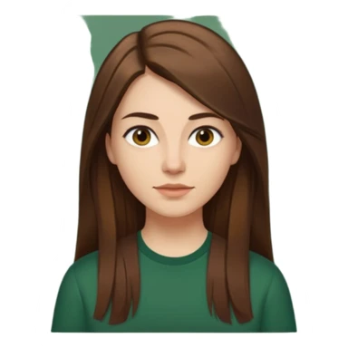 30 yr Caucasian woman long brown straight hair parted on side dark green shirt sticker