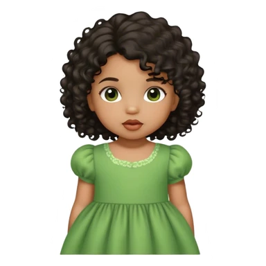 light brown skin tone, very adorable toddler, with big plump lips, long long lashes, black curly hair, middle hair parting, brown eyes, green dress sticker