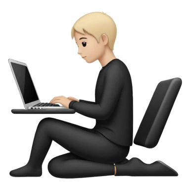 Minimalistic flat vector icon, iOS style, thin black contour on white background. Person silhouette sitting with a laptop, code brackets <> on the screen. Clean, no te sticker