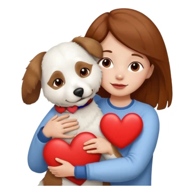 Older white bishon dog in hug with girl with brown hair and red heart between them sticker