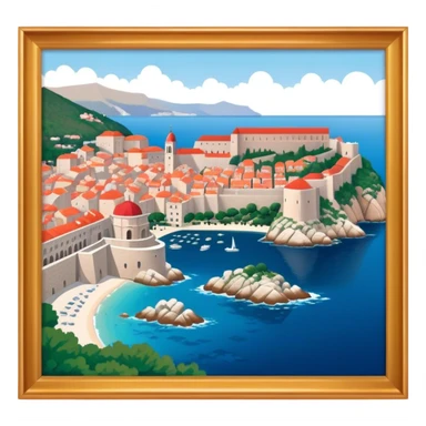 Cinematic Realistic aerial view of the historic city of Dubrovnik, showcasing its iconic red-roofed architecture, fortified walls, and sparkling Adriatic coastline, rendered with rich textures and warm Mediterranean lighting that captures its old-world charm. sticker