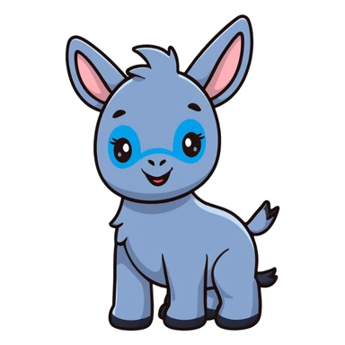 cute blue donkey with big eyes and friendly smile, simple flat design sticker