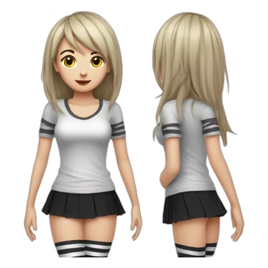 Frontal view curvy emo girl sits white skirt striped stockings hands up sticker