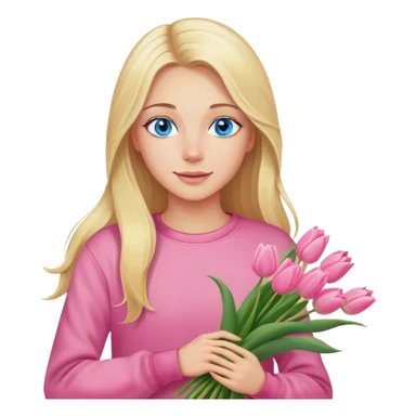 A cinematically realistic blonde with long hair and blue eyes, dressed in jeans and a pink sweatshirt, holds a bouquet of tulips in her hands. sticker