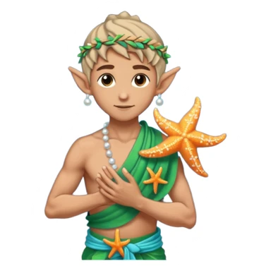 elf male Sarong with bioluminescent embroidery, armful of starfish, hair in a braid with pearl pins, pixel art style sticker