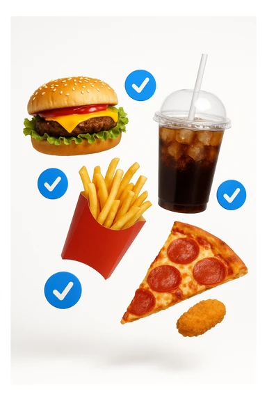 fast food realistico fluttua in aria insieme a spunte di verificato in 3d, sfondo bianco sticker