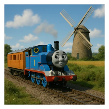 Thomas the Tank Engine pulling Annie and Clarabelle near a windmill, TV show style, blue train, orange and cream coaches, realistic background, no text sticker