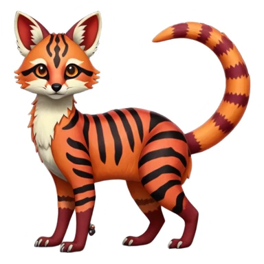 Rare realistic red burgundy sanguine orange black gradients lush tropical exotic cute epic pretty beautiful handsome gorgeous aesthetic colorful vibrant Vernid-Protogen-Primagen-Wickerbeast-Genet-Trico-species-Fakemon-hybrid-creature by LiLaiRa, beautiful intricate markings, full body sticker