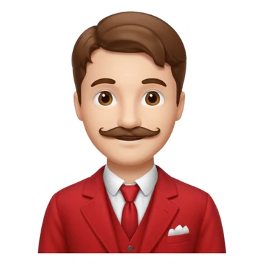brown haired man with chaplin-mustache and red suit sticker