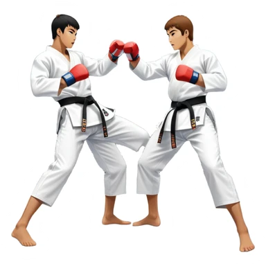 Two taekwondo fighters in traditional white doboks with black belts compete in a dynamic match. One executes a high spinning kick, while the other blocks skillfully. The background features a professional arena with bright lights and spectators. Transparent background. sticker