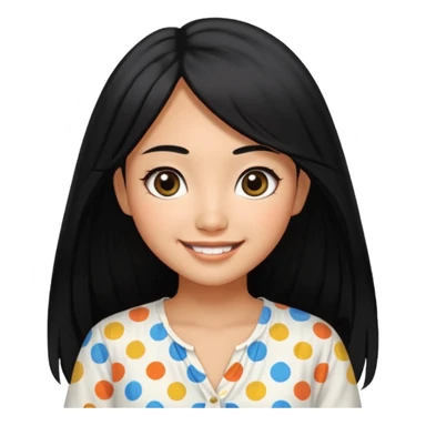 20 yr old asian woman hair white blouse with black dots center part big eyes big smile tanned skin straight black hair hippie part hair  sticker