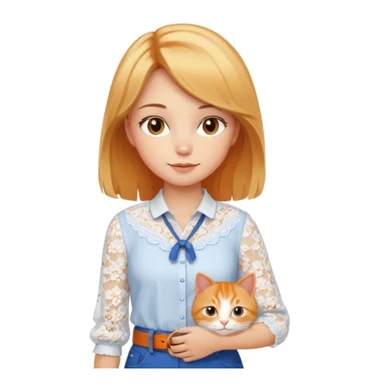 A very beautiful girl with honey-blond hair and kind eyes. She has medium-length hair, is wearing a white lace blouse, blue pants, and a brown belt, and is holding an orange cat.
 sticker