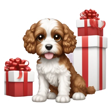 Brown and white cavapoo dog and gift box sticker