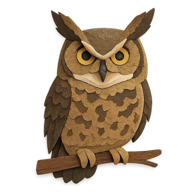 close-up of a great horned owl perched on a branch, fine paper edges, intense gaze, mottled feather patterns, large ear tufts sticker