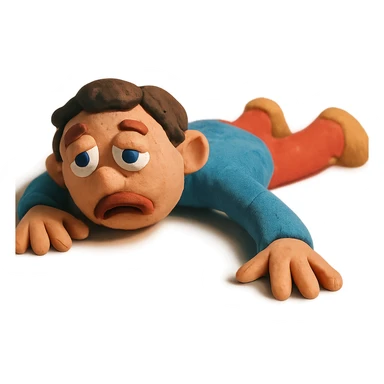 figure sprawled out, looking lethargic in claymation style sticker