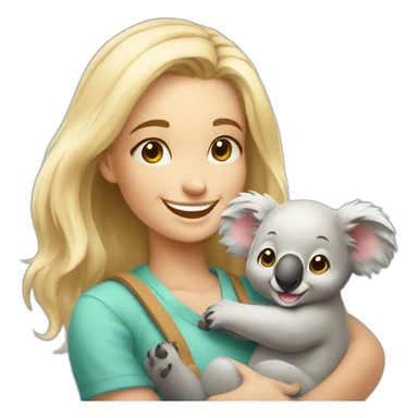 Cute happy smiling blonde girl warm holding cute koala sticker