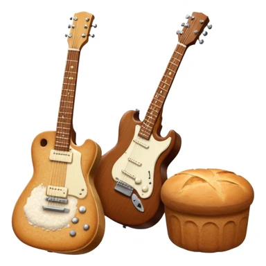 a bottle of salt (salt shaker) and a loaf of peasant bread with a small SG Gibson electric guitar sticker