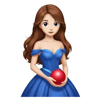 Cinematic Elegant Belle Portrait Emoji, rendered in a realistic, vector-style with minimal shading and bold, simplified shapes. Depict Belle (chest and above) with fair, luminous skin, deep brown expressive eyes, and long, flowing chestnut hair styled elegantly, wearing her classic blue ball gown. The image glows with a soft, warm radiance and high shine, capturing timeless refined beauty. sticker